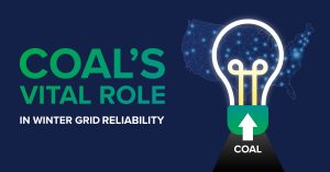 The caption ‘Coal’s Vital Role in Winter Grid Reliability’ alongside an image of coal powering the lights for America’s energy grid.