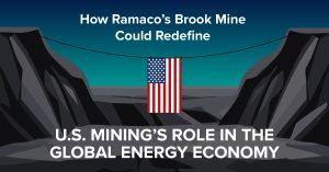 Illustration of a flag in front of the nation’s first rare earth mine in 70 years, with the title, “How Ramaco’s Brook Mine Could Redefine U.S. Mining’s Role in the Global Energy Economy.”