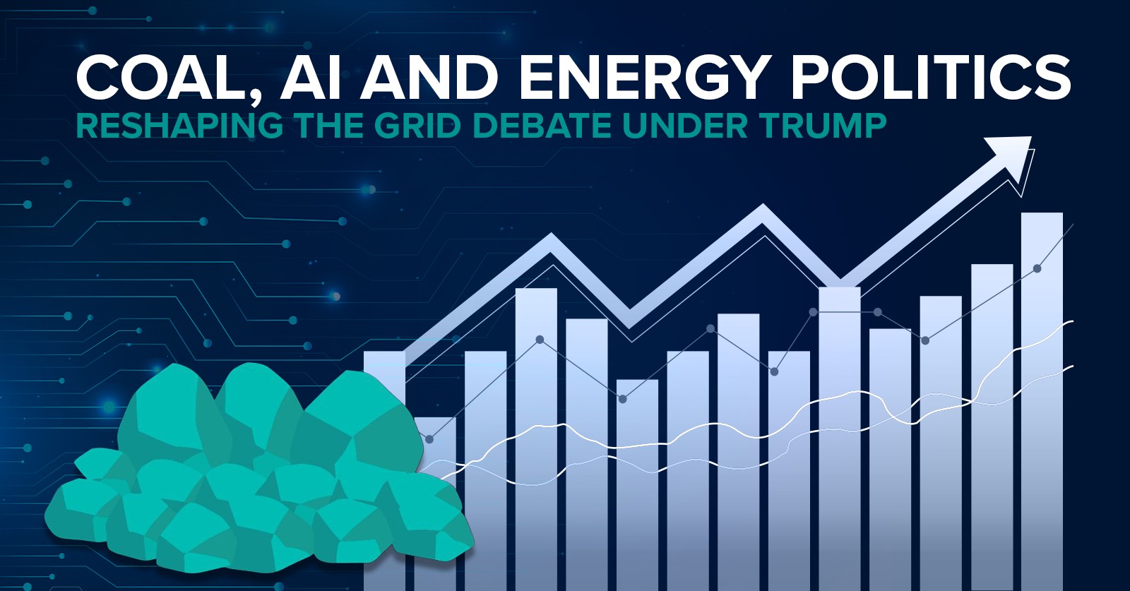 Illustration showing coal rocks beside a rising bar and line graph, symbolizing coal’s renewed strength in U.S. energy policy and its role powering America’s data-driven, AI-era economy, with headline, “Coal, AI and Energy Politics Reshaping the Grid Debate Under Trump."
